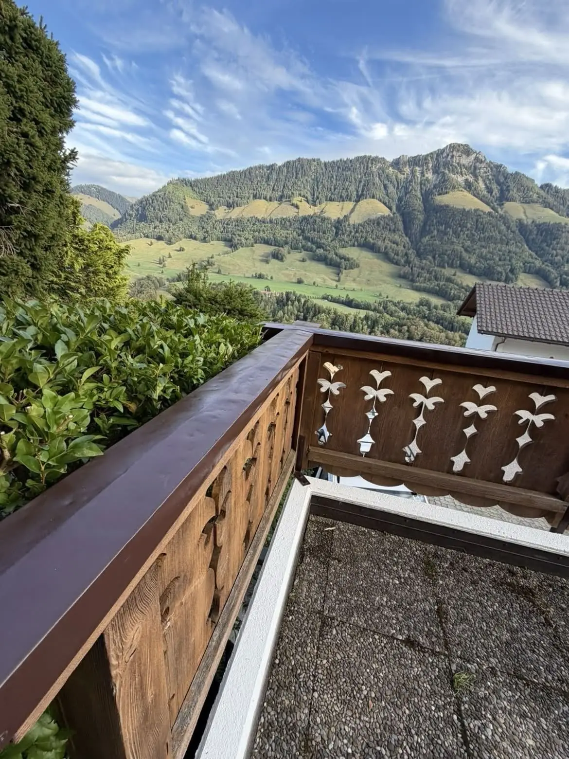 Garde-corps du balcon en bois lasuré face aux préalpes fribourgeoises